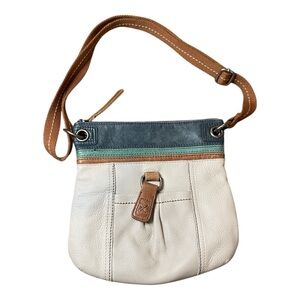 The Sak Leather Purse Cream Blue Adjustable Strap Small/Medium Size Zip Closure